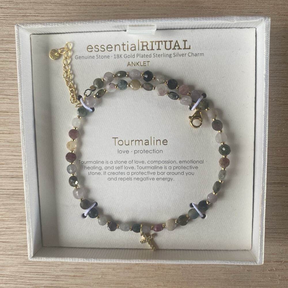 Essential Ritual Gold Plated Multicolor Tourmaline Beaded Ankle Bracelet w/Cross
